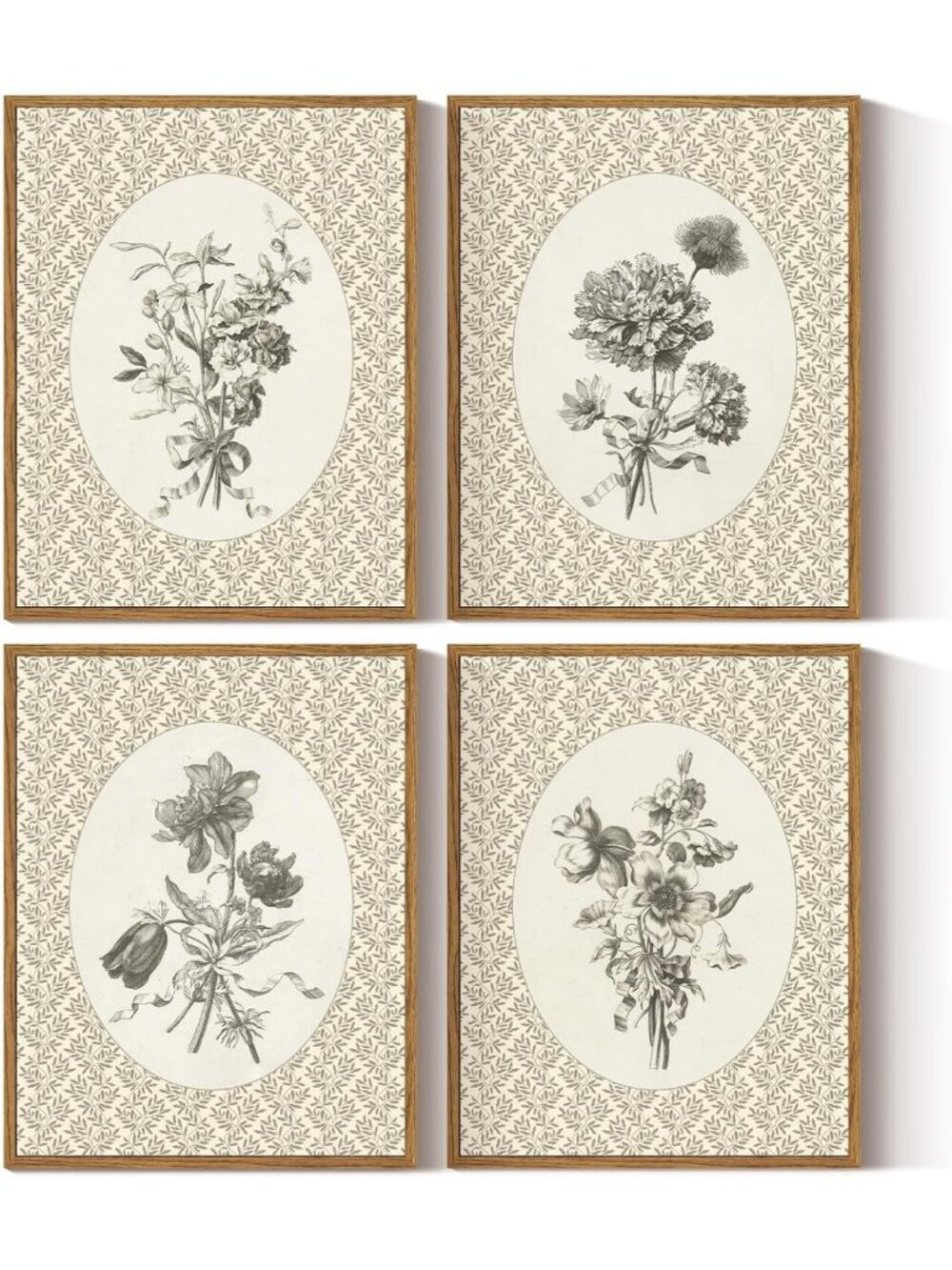 Set of 4 Vintage Floral Wall Art Prints - Rustic Neutral Decor 11x14